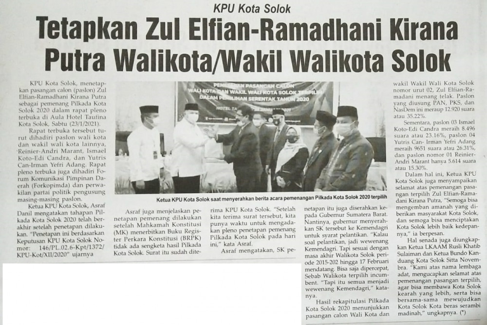 KPU Kota Solok Tetapkan Zul Elfian-Ramadhani Kirana Putra Walikota/ Wakil Walikota Solok