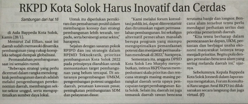 RKPD Kota Solok Harus Inovatif dan Cerdas