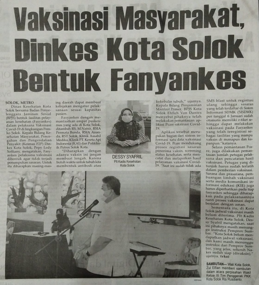 Vaksinasi Masyarakat, dinkes Kota Solok Bentuk Fanyankes