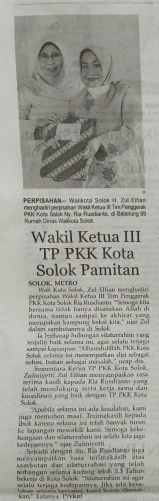 Wakil Ketua III TP PKK Kota Solok Pamitan