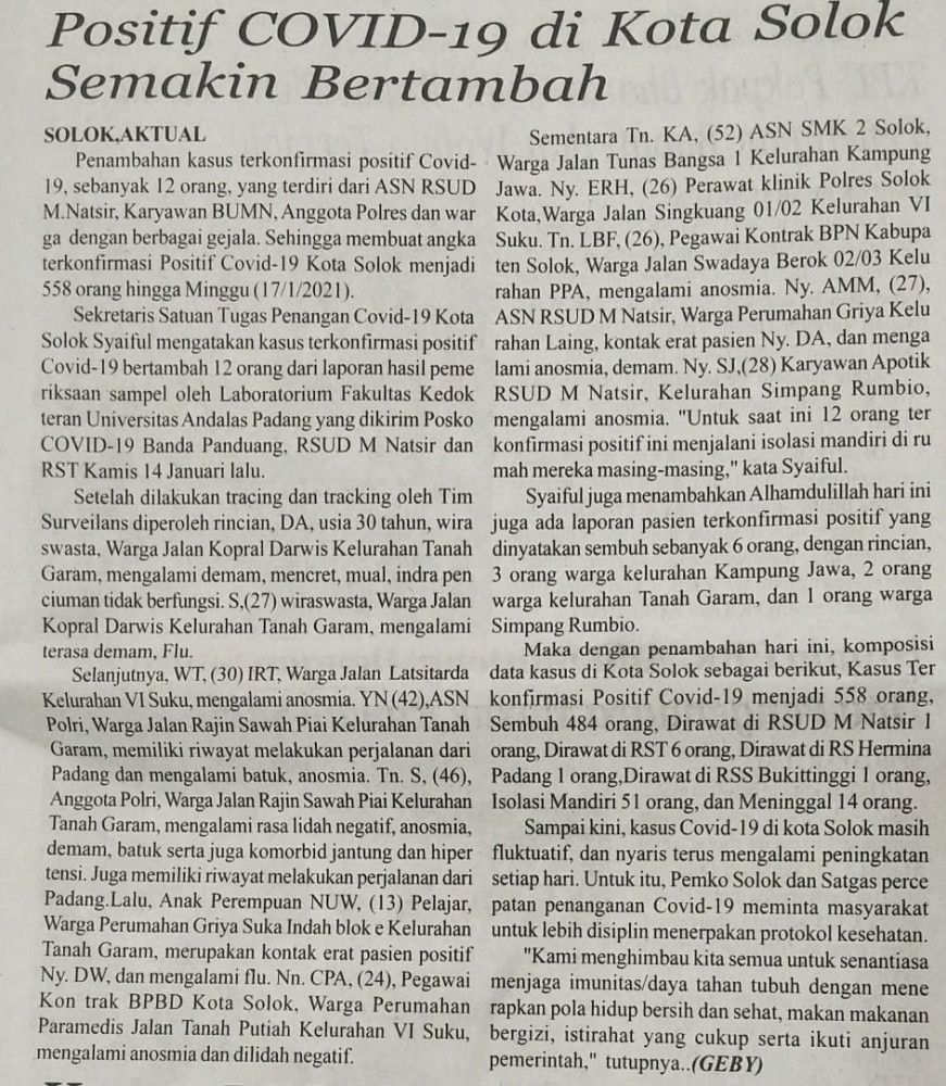 Positif Covid-19 di Kota Solok Semakin Bertambah
