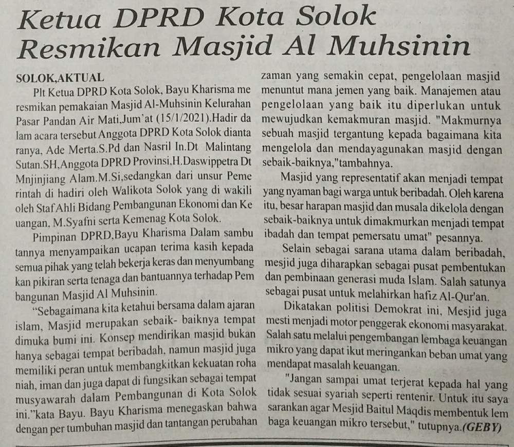 Ketua DPRD Kota Solok Resmikan Masjid Al Mushinin