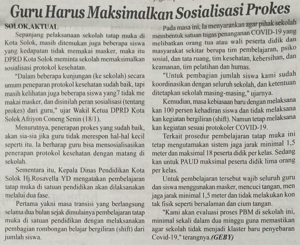 Guru Harus Maksimalkan Sosialisasi Prokes