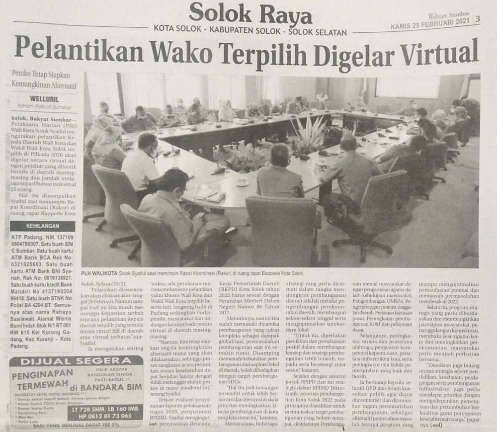 Pelantikan Wako Terpilih Digelar Virtual