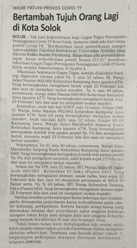 Betambah Tujuh Orang Lagi di Kota Solok