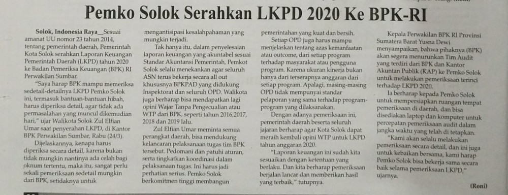 PEmko Solok Serahkan LKPD 2020 Ke BPK-RI