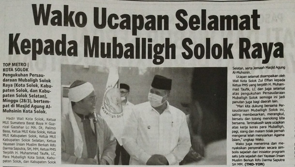 Wako Ucapkan Selamat Kepada Muballigh Solok Raya