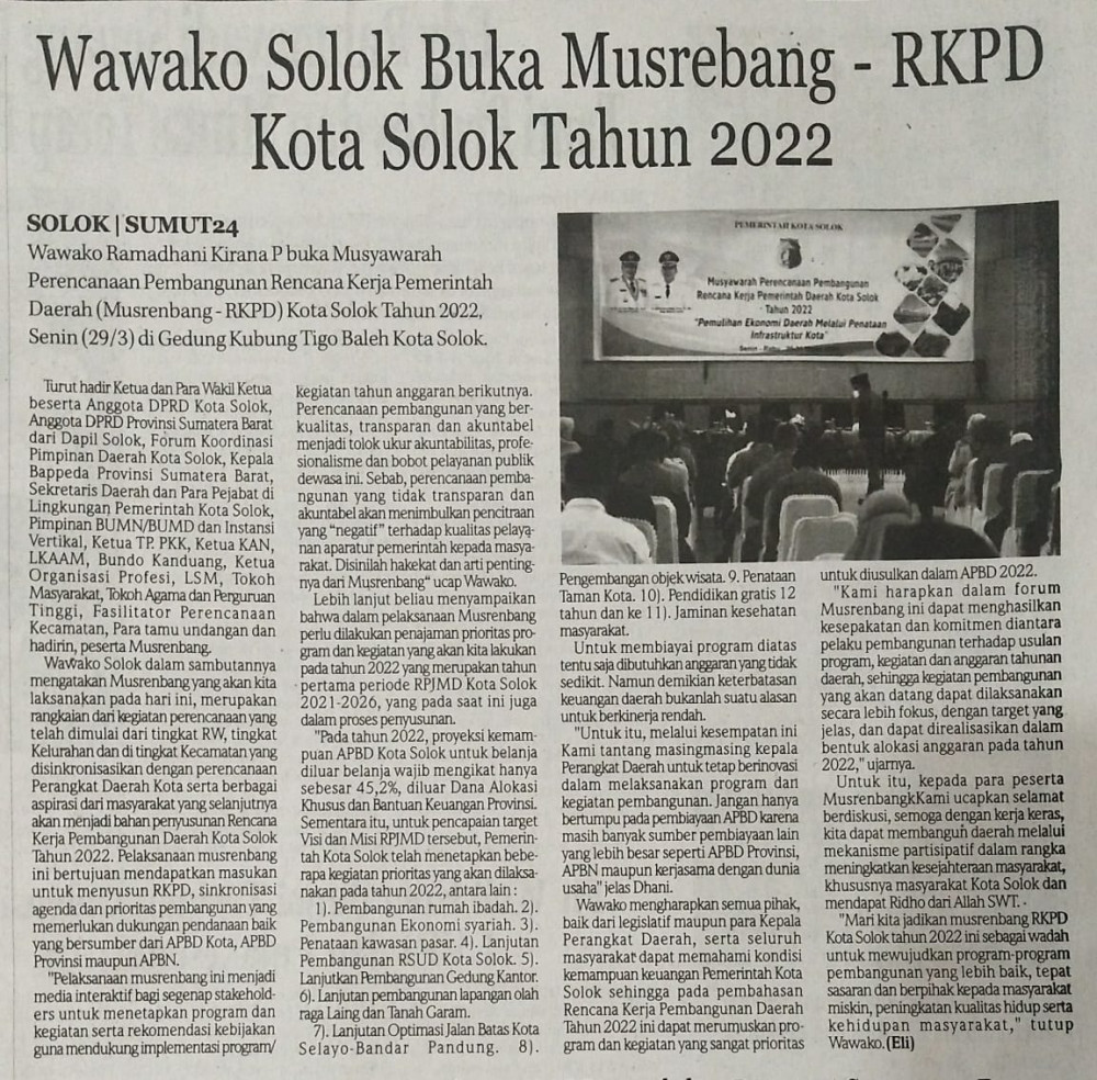 Wawako Solok Buka Musrembang - RKPD Kota Solok Tahun 2022