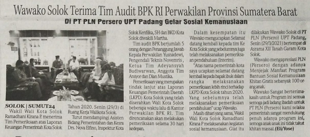 Wawako Solok Terima TIM Audit BPK RI Perwakilan Provinsi Sumatera Barat