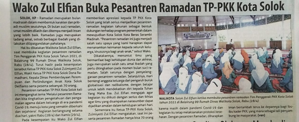 Wako Zul Elfian Buka Pesantren Ramadhan TP-PKK Kota Solok