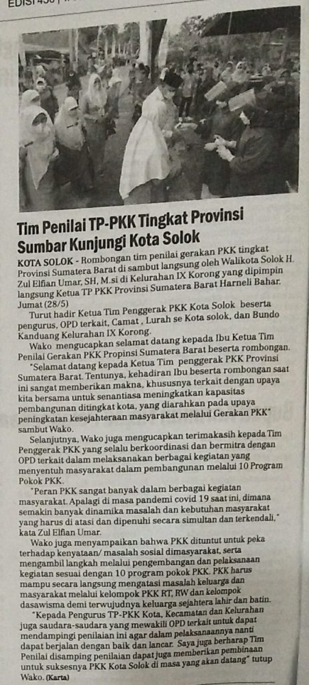 Tim Penilai TP-PKK Tingkatkan Provinsi Sumbar Kunjungi Kota Solok