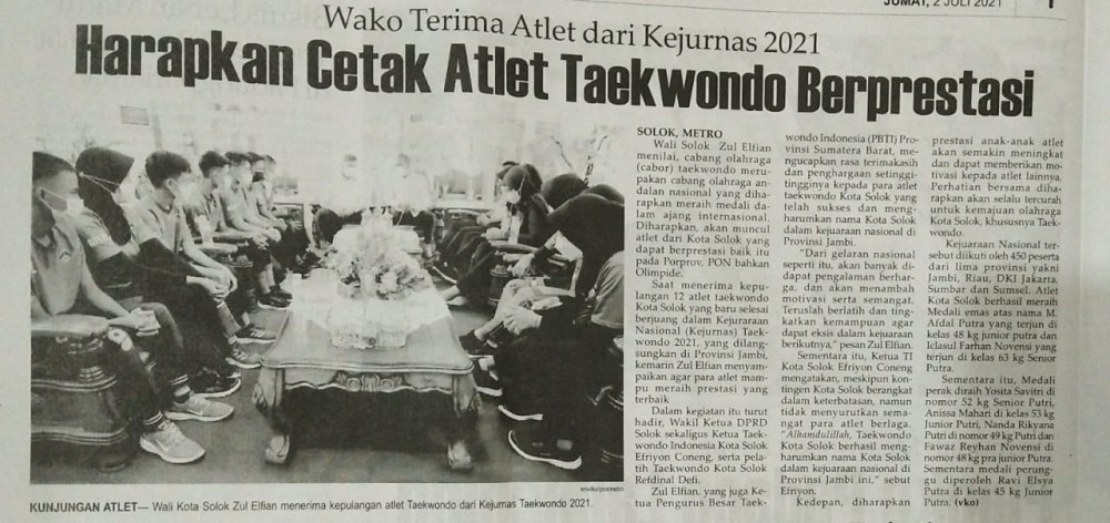 Wako Terima Atlet dari Kejurnas 2021, Harapan Cetak Atlet Taekwondo Berprestasi