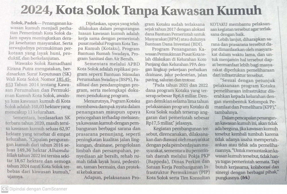 2024, Kota Solok Tanpa Kawasan Kumuh