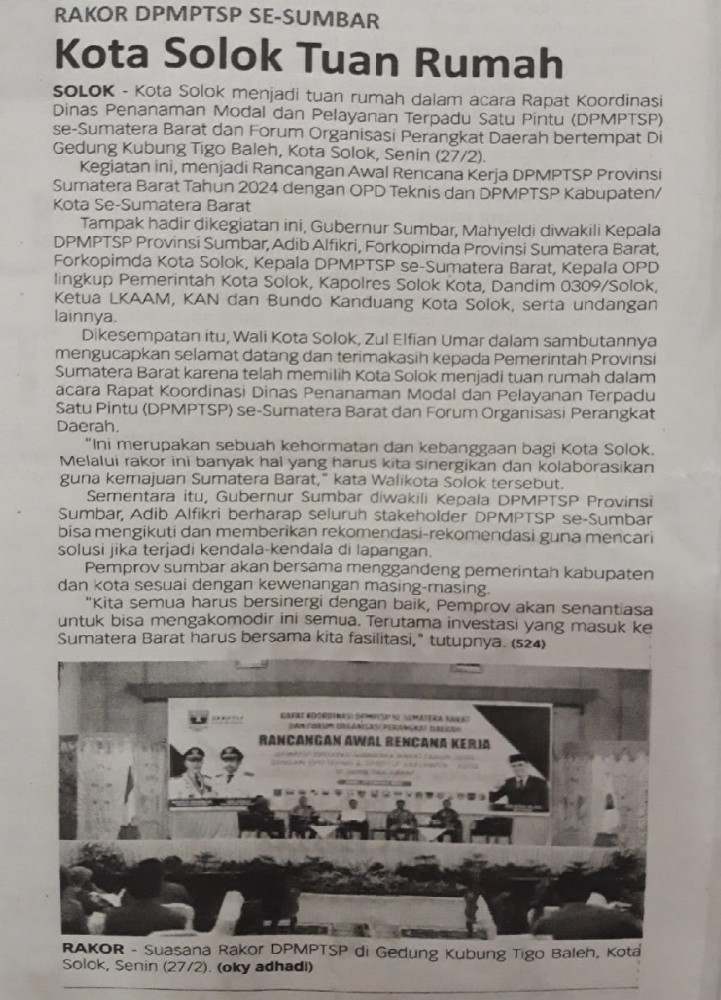 Rakor DPMPTSP se-Sumbar, Kota Solok Tuan Rumah 