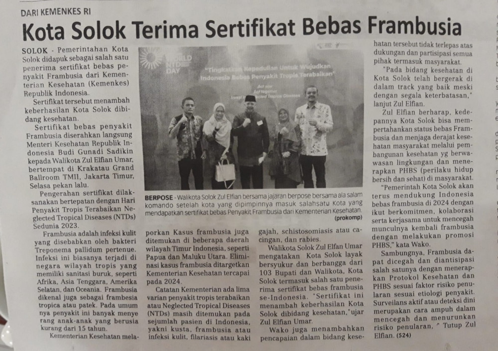 Kota Solok Terima Sertifikat Bebas Frambusia