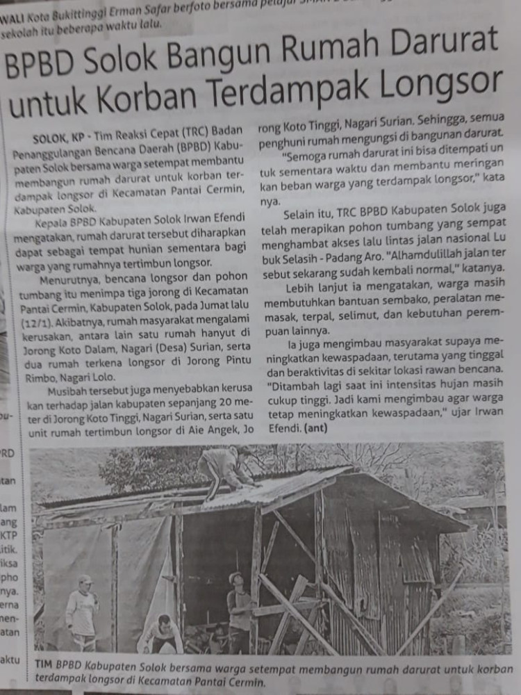 BPBD Solok Bangun Rumah Darurat untuk Korban Terdampak Longsor