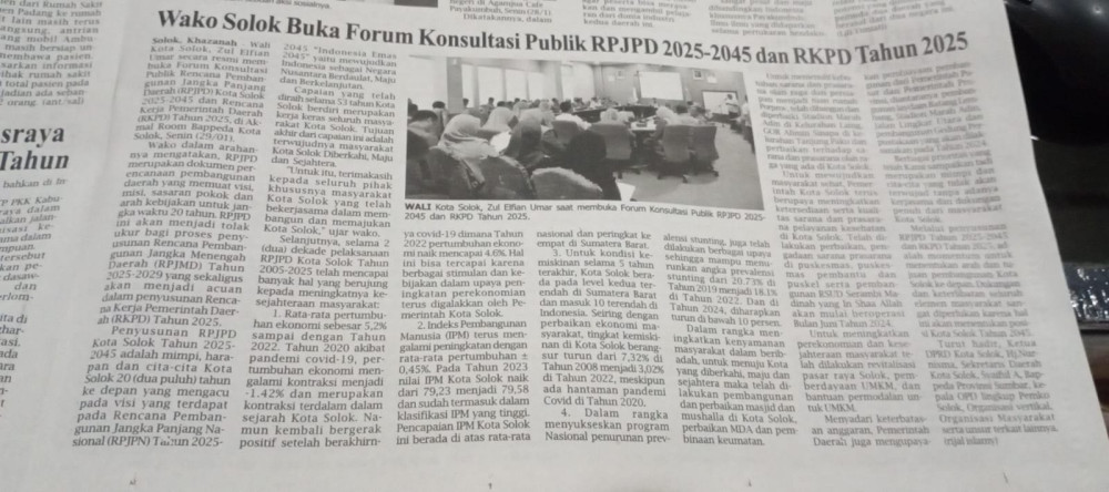 Wako Solok Buka Forum Konsultasi RPJPD 2025-2045 dan RKPD Tahun 2025