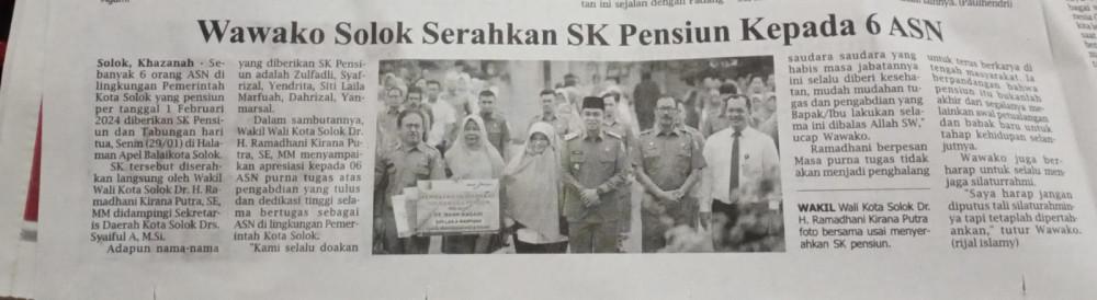 WAwako Solok Serahkan SK Pensiun Kepada 6 ASN