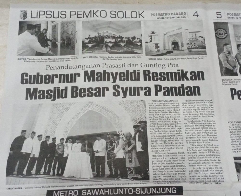 Gubernur Mahyeldi Resmikan Mesjid Besar Syura Pandan