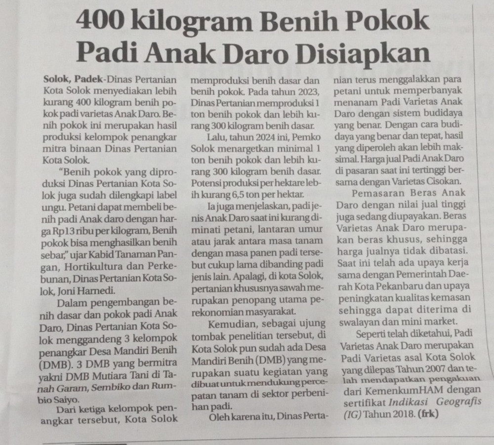 400 Kilogram Benih Pokok Padi Anak Daro Disiapkan