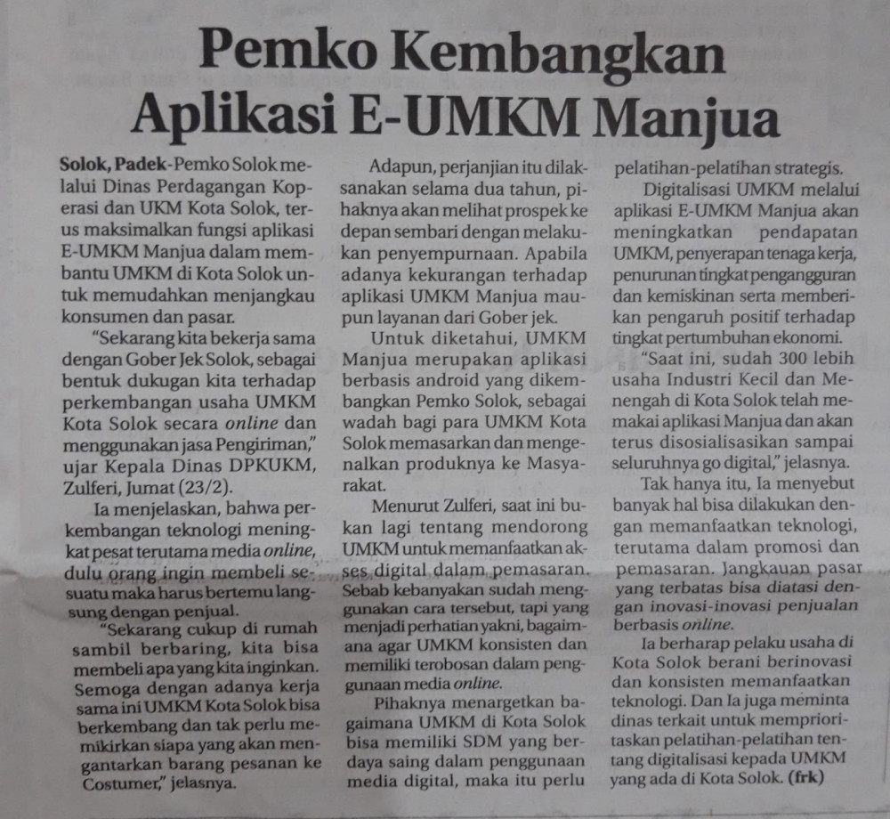 Pemko Kembangkan Aplikasi E-UMKM Manjua