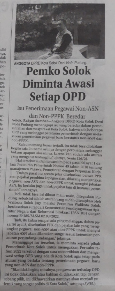 Pemko Solok Diminta Awasi Setiap OPD