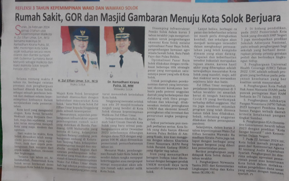 Rumah Sakit, GOR dan Masjid Gambaran Menuju Kota Solok Berjuara