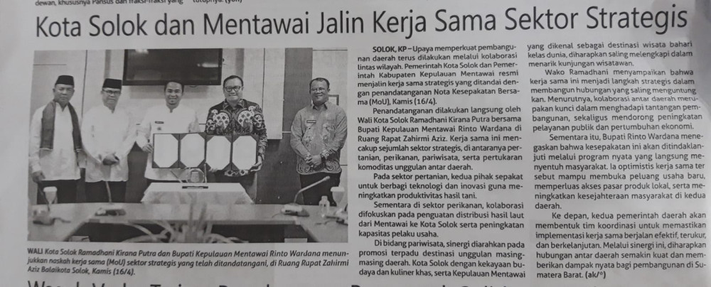 Kota Solok dan Mentawai Jalin Kerja Sama Sektor Strategis