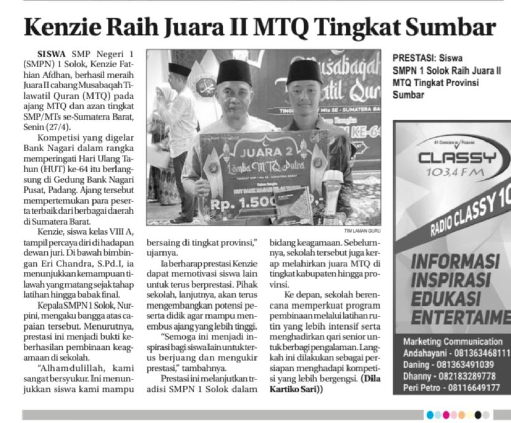 Kenzie Raih Juara II MTQ TINGKAT Sumbar