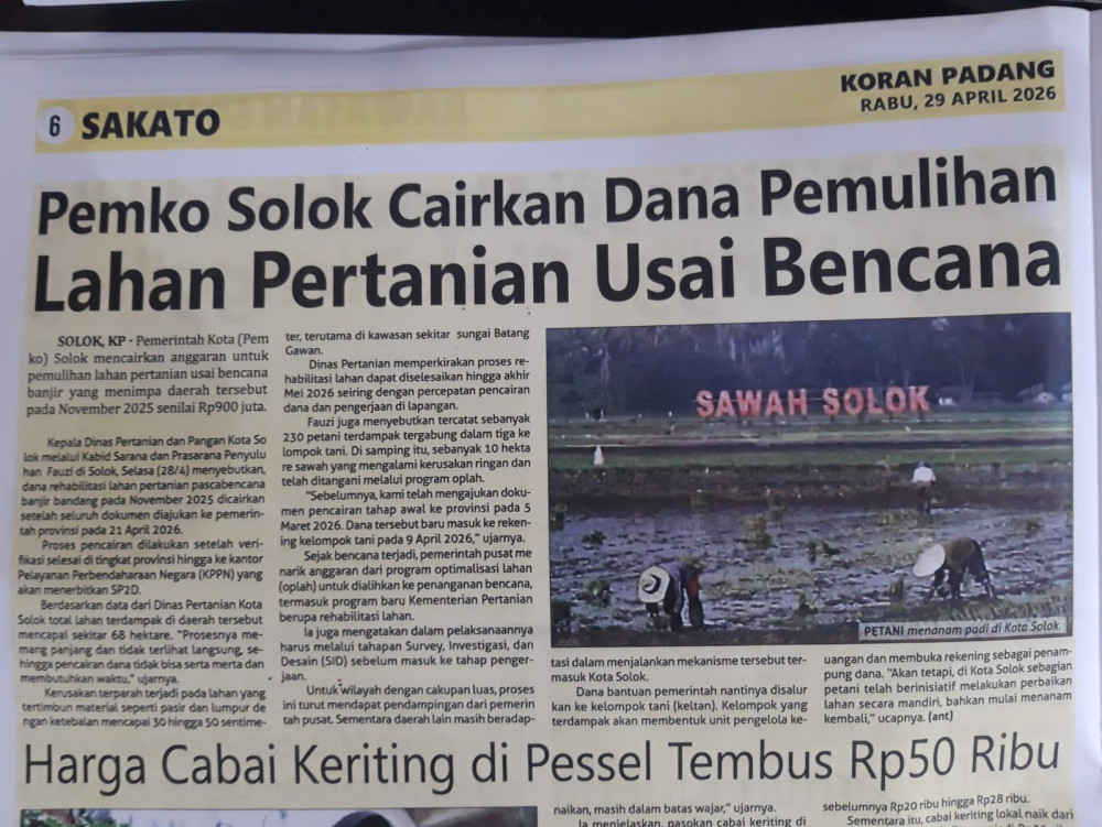 Pemko Solok Cairkan Dana Pemulihan Lahan Pertanian Usai Bencana
