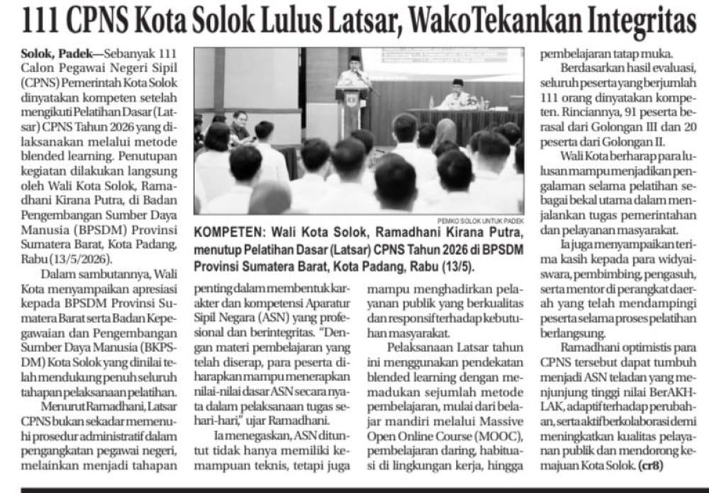 111 CPNS Kota Solok Lulus Latsar, Wako Tekankan Integritas