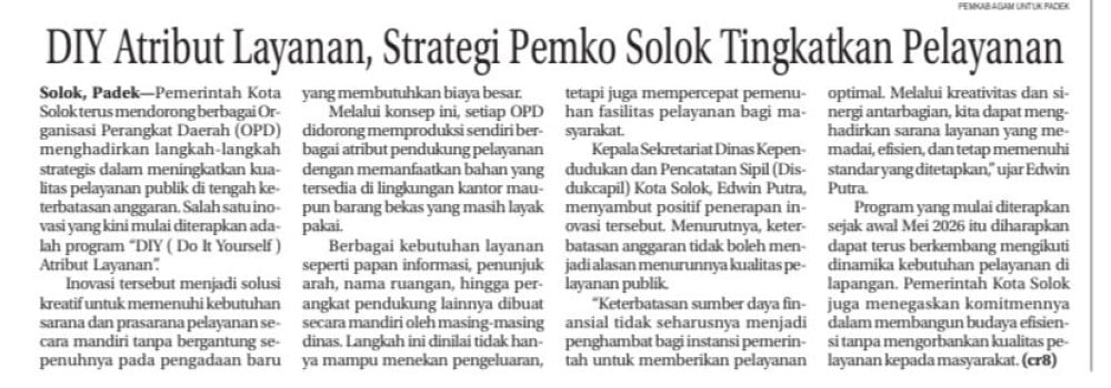 DIY Atribut Layanan, Strategi Pemko Solok Tingkatkan Pelayanan