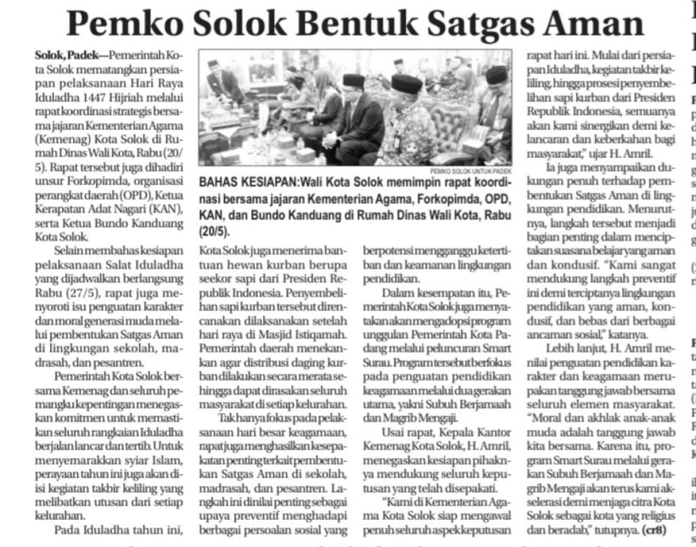 Pemko Solok Bentuk Satgas Aman.